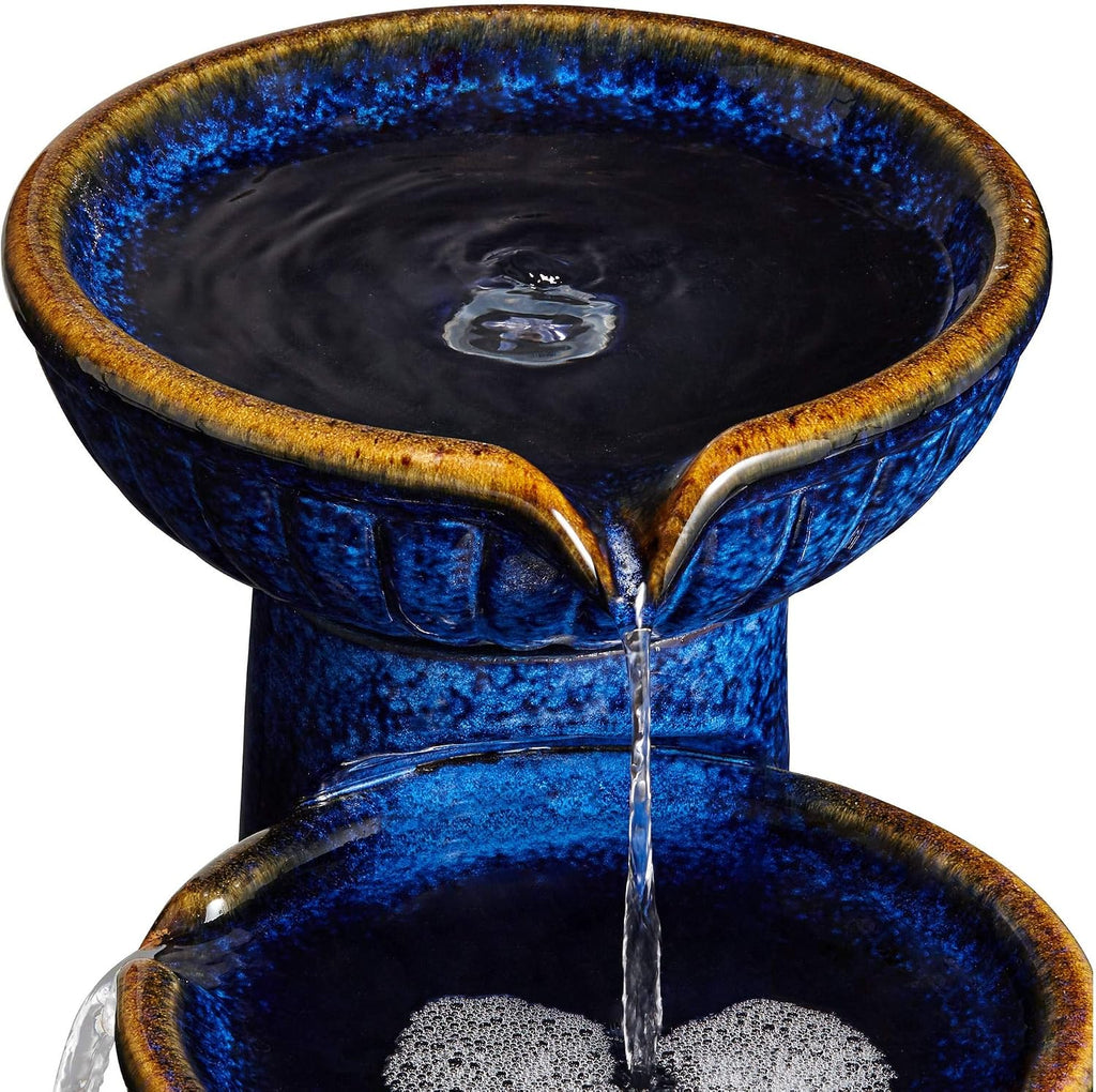 3-Bowl 26 3/4' High Large Modern Outdoor Decor Blue Cobalt Ceramic Floor Fountain with Light LED Standing Waterfall Tiered Water Feature for Outside Garden Patio Yard Backyard - John Timberland