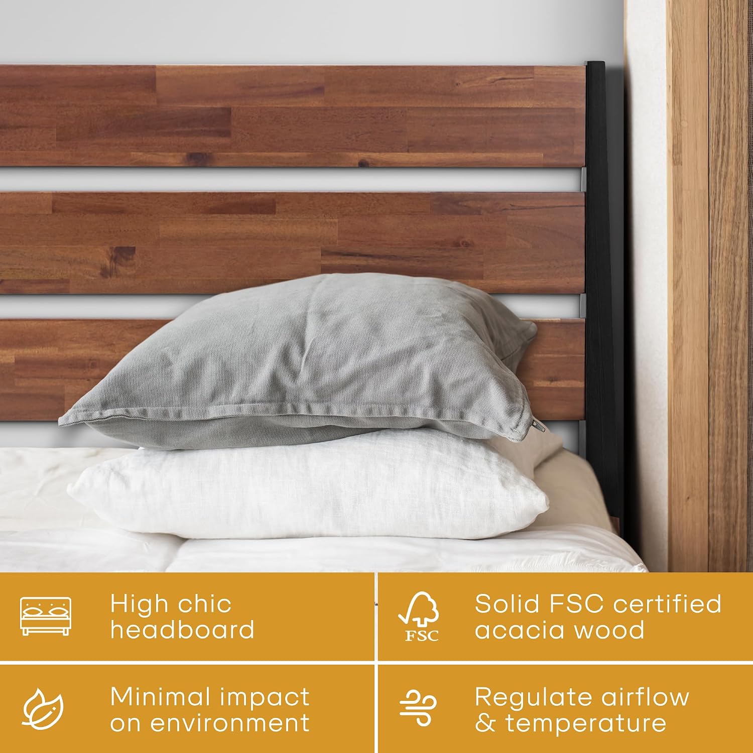 Acacia Emery Bed Frame with Headboard 100% Solid Wood Platform Bed, Scandinavian Bed Style with All Mattresses, Non-Slip and Noise-Free, 30 Mins Assembly, Queen Size Bed Frame, Americano
