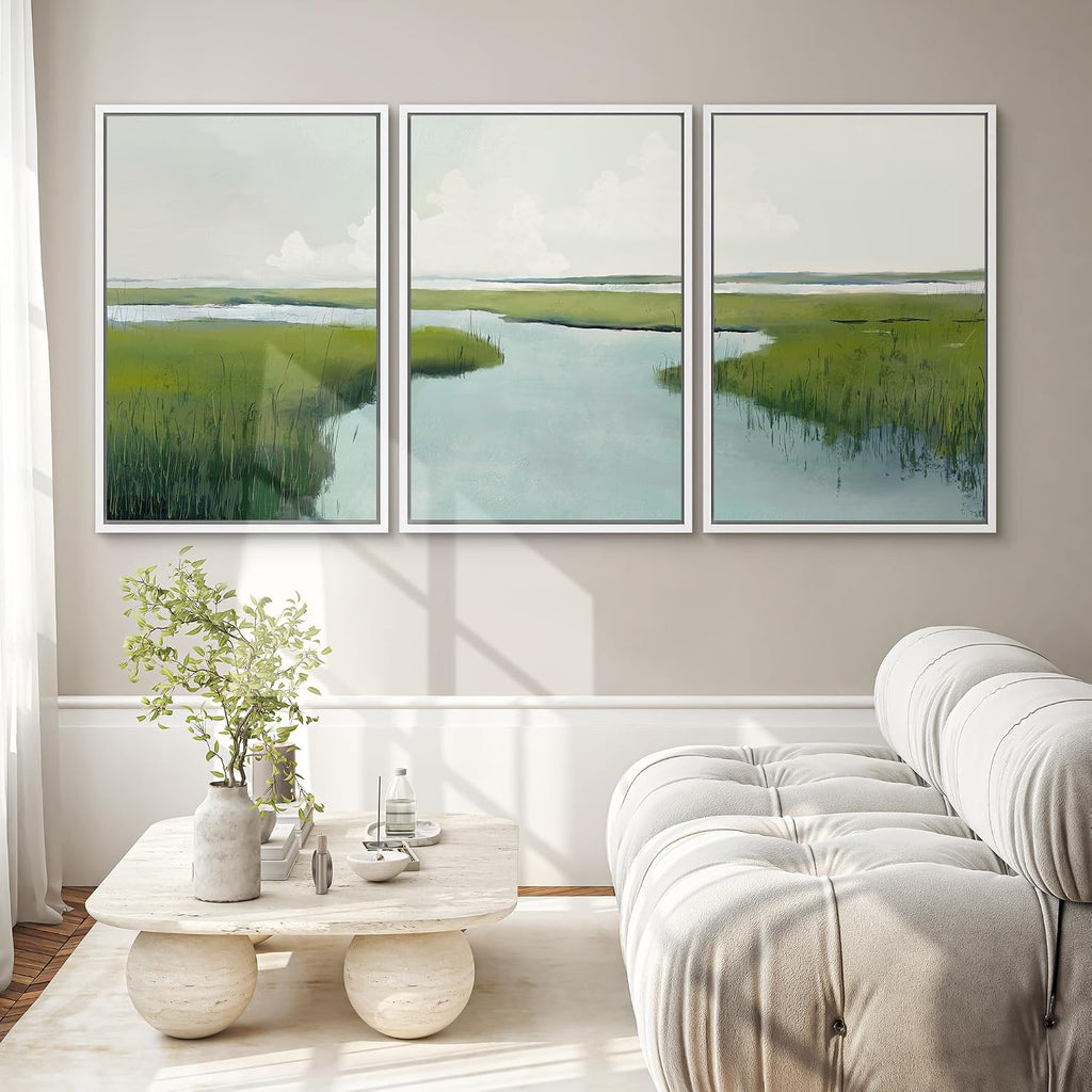SIGNWIN Framed Canvas Print Wall Art Set Serene Marshland with Green Wetlands and Tranquil Water Illustrations Modern Art Decorative Rustic Zen for Living Room, Bedroom, Office - 16'x24'x3 White