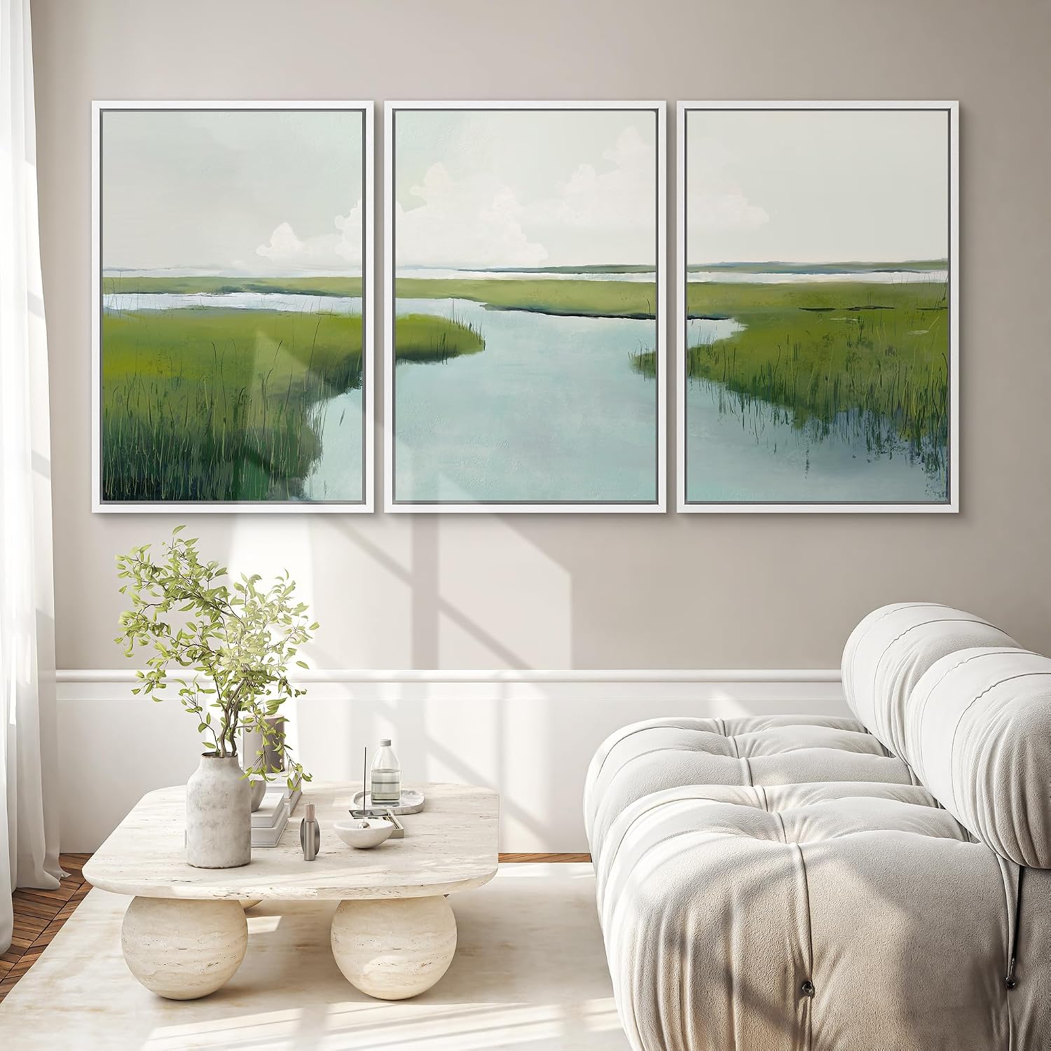 SIGNWIN Framed Canvas Print Wall Art Set Serene Marshland with Green Wetlands and Tranquil Water Illustrations Modern Art Decorative Rustic Zen for Living Room, Bedroom, Office - 16'x24'x3 White