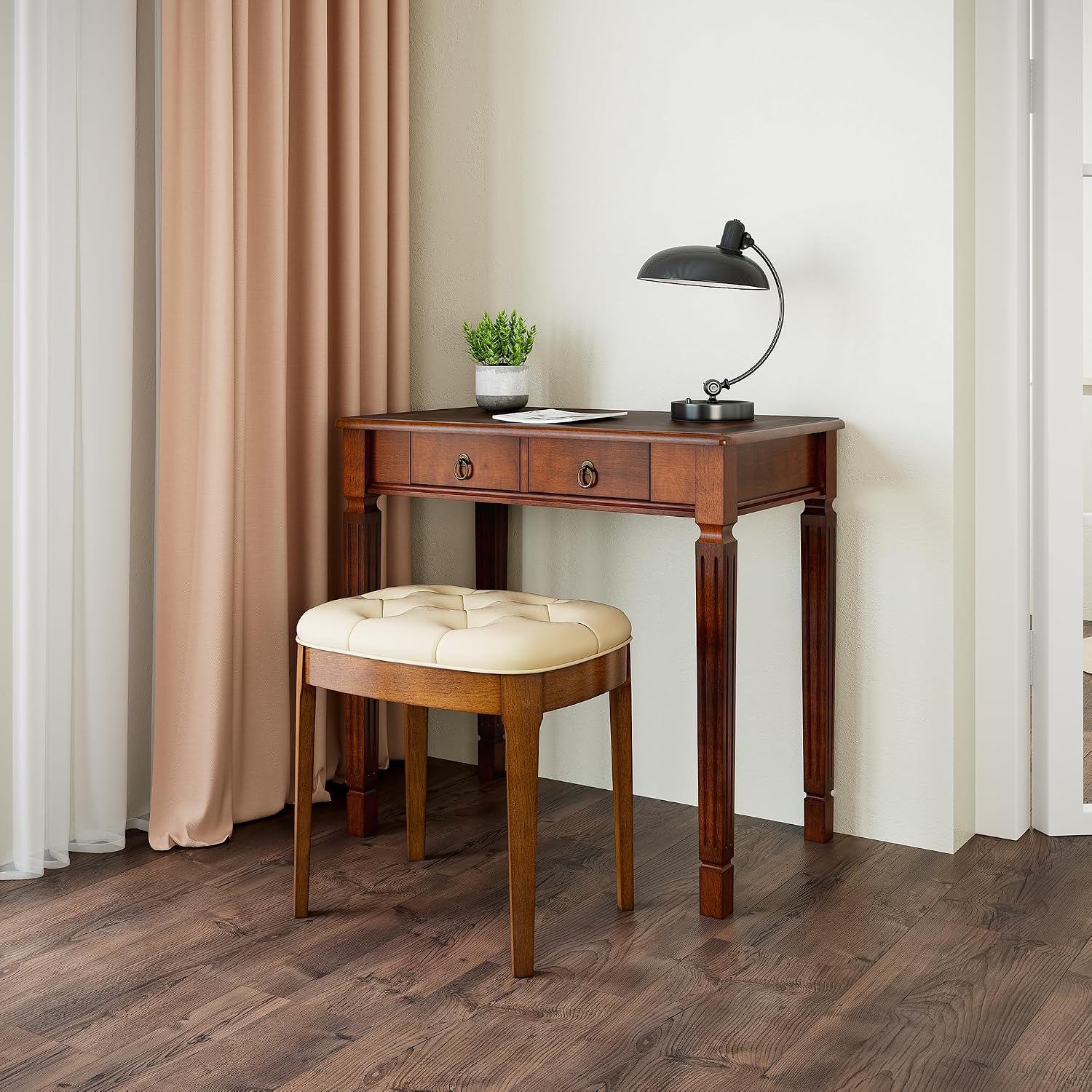Biaco Small Wood Makeup Vanity Desk Set, Vintage Dressing Vanity Table Set with 2 Drawers & Matching Padded Bench Stool Writing Desk with Button Tufted Cushioned Stool, Cherry&Beige