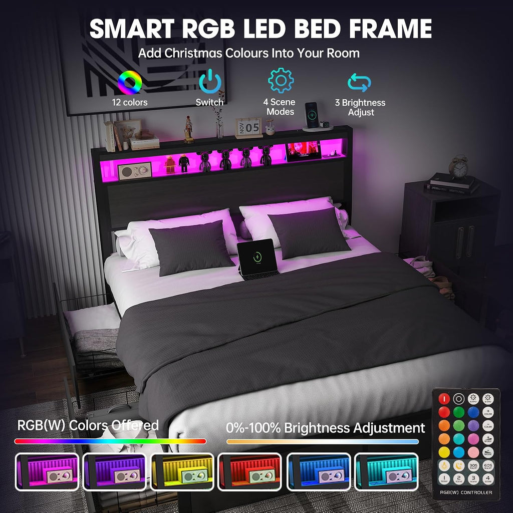 Fabulis Queen Bed Frame with Storage Headboard and 4 Drawers, Metal Platform Bed Frame with LED Light, Charging Station, No Box Spring Needed, Noise Free, Easy Assembly,Charcoal Grey