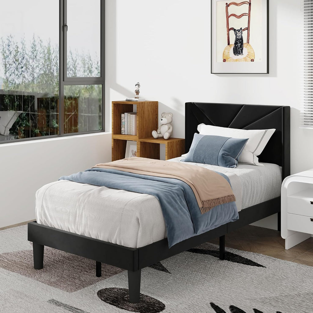 Twin Size Bed Frames with Upholstered Wingback Headboard, Easy Assemnly Platform Bed and Heavy Duty Wooden Slats Support, Noise-Free, No Box Spring Needed (Black, Twin)