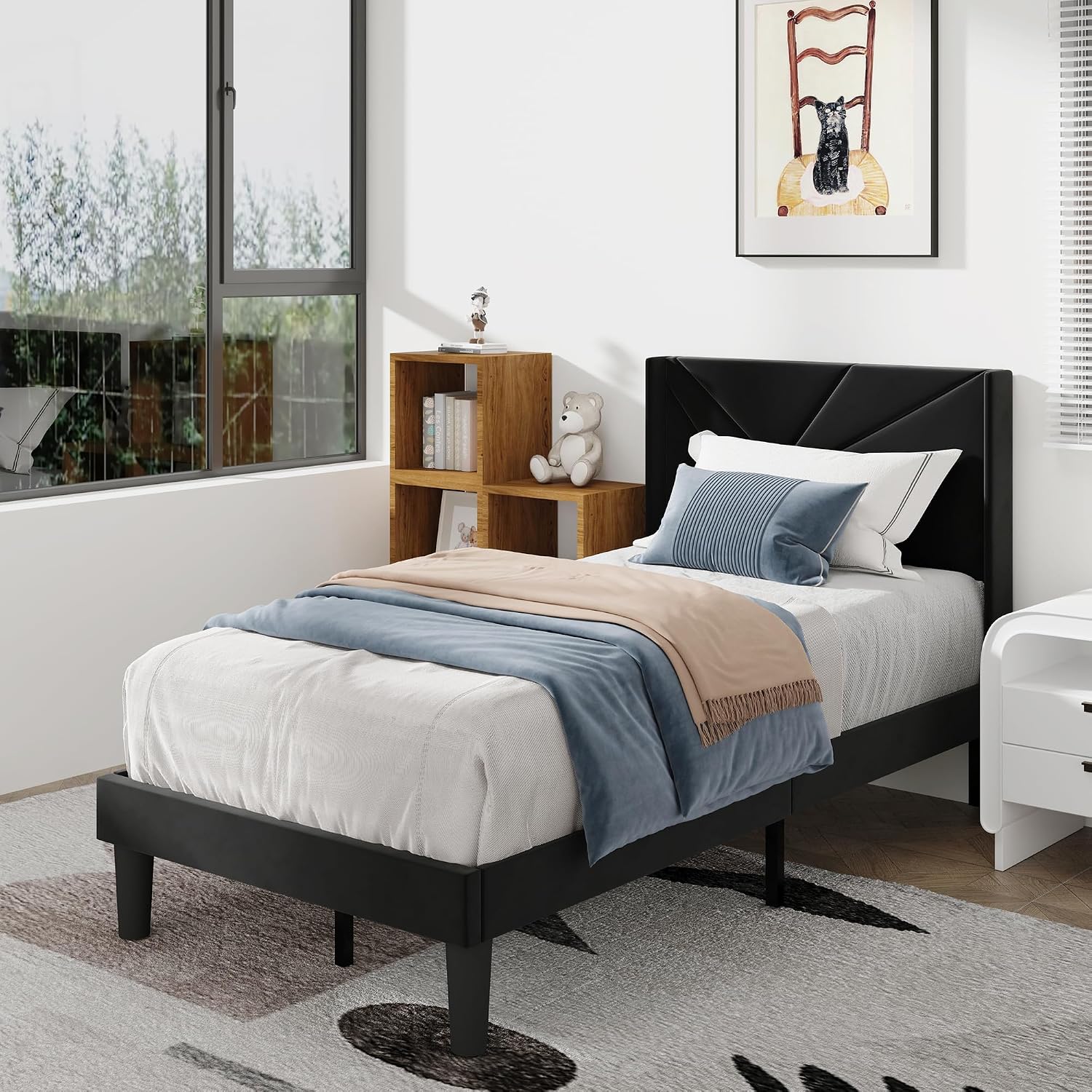 Twin Size Bed Frames with Upholstered Wingback Headboard, Easy Assemnly Platform Bed and Heavy Duty Wooden Slats Support, Noise-Free, No Box Spring Needed (Black, Twin)