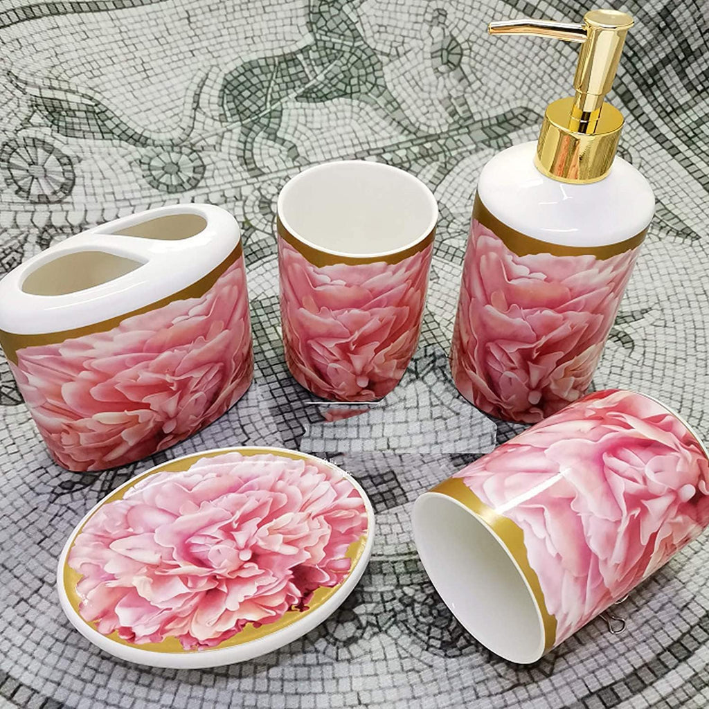 Vanity Bathroom Decor, European Style 4-Piece Ceramic Bathroom Accessory Set with Pink Creative Bath Set Ornament for Wedding Gift Housewarming Gift