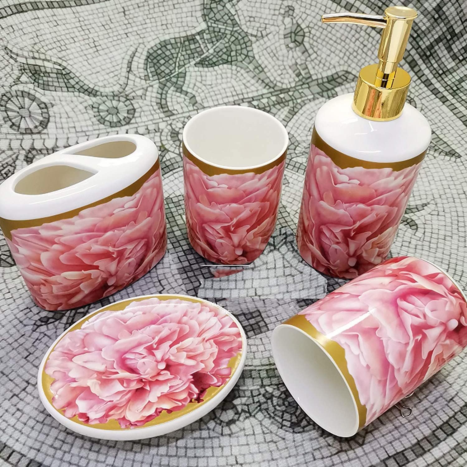 Vanity Bathroom Decor, European Style 4-Piece Ceramic Bathroom Accessory Set with Pink Creative Bath Set Ornament for Wedding Gift Housewarming Gift