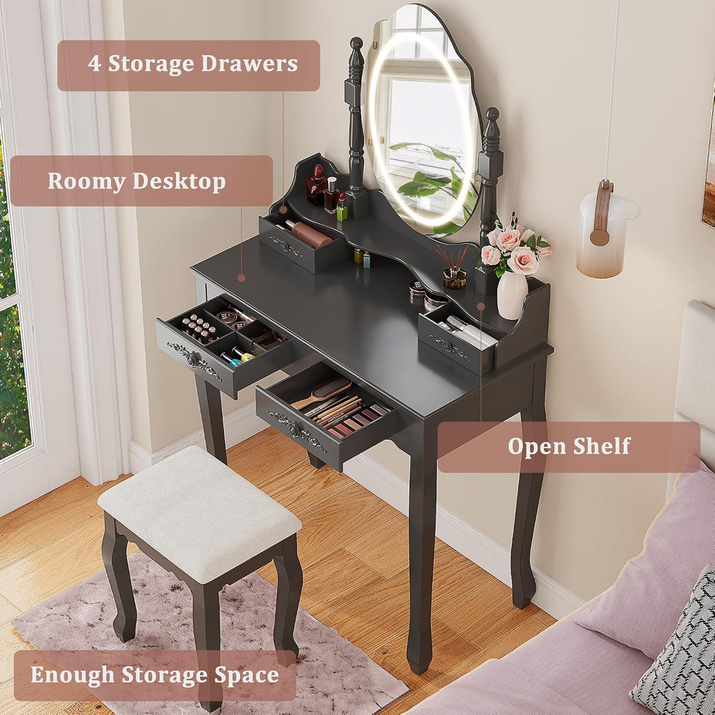 Vanity Desk with LED Lighted Mirror & 4 Drawers, Makeup Vanity Table with Cushion Stool, 3 Color Modes & Adjustable Brightness Dressing Table, for Bedroom, Black (Black)