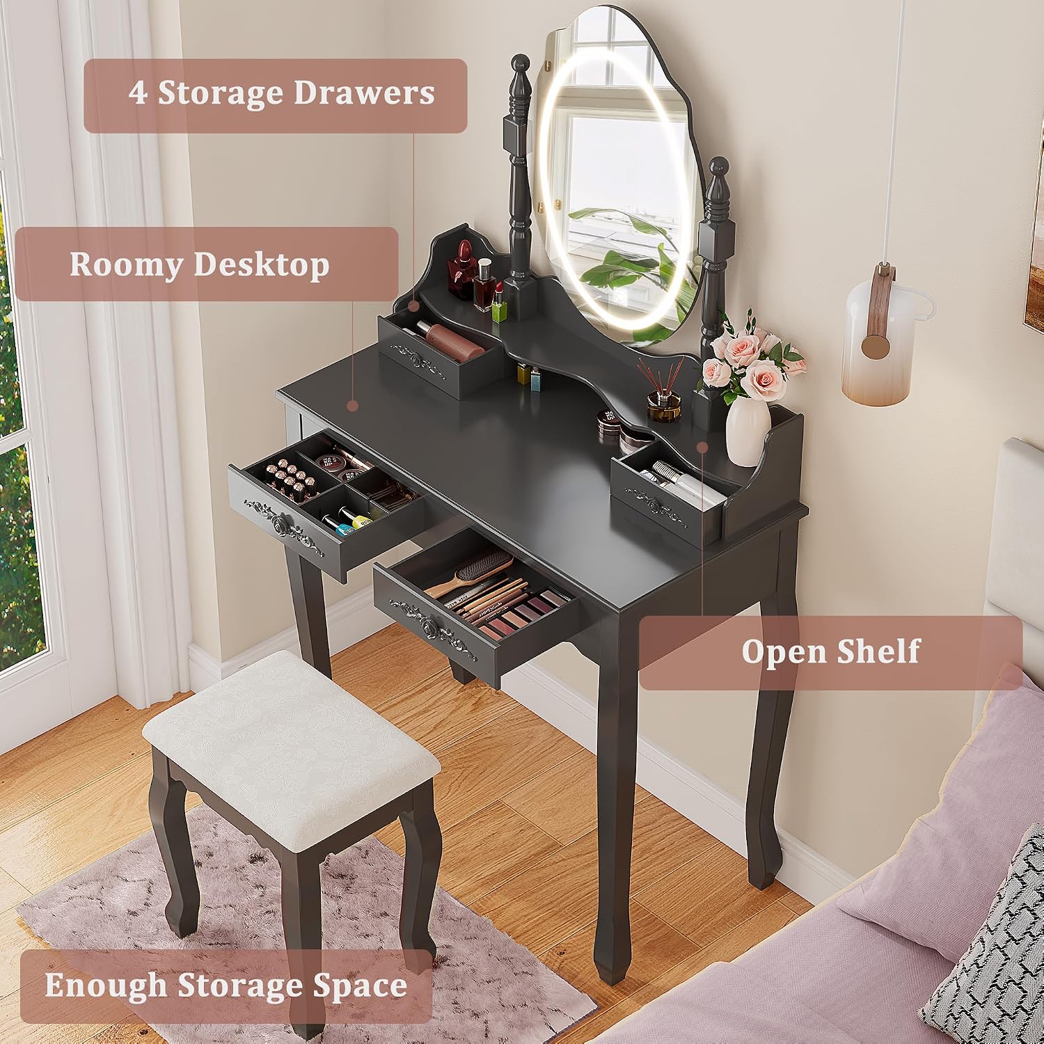 Vanity Desk with LED Lighted Mirror & 4 Drawers, Makeup Vanity Table with Cushion Stool, 3 Color Modes & Adjustable Brightness Dressing Table, for Bedroom, Black (Black)
