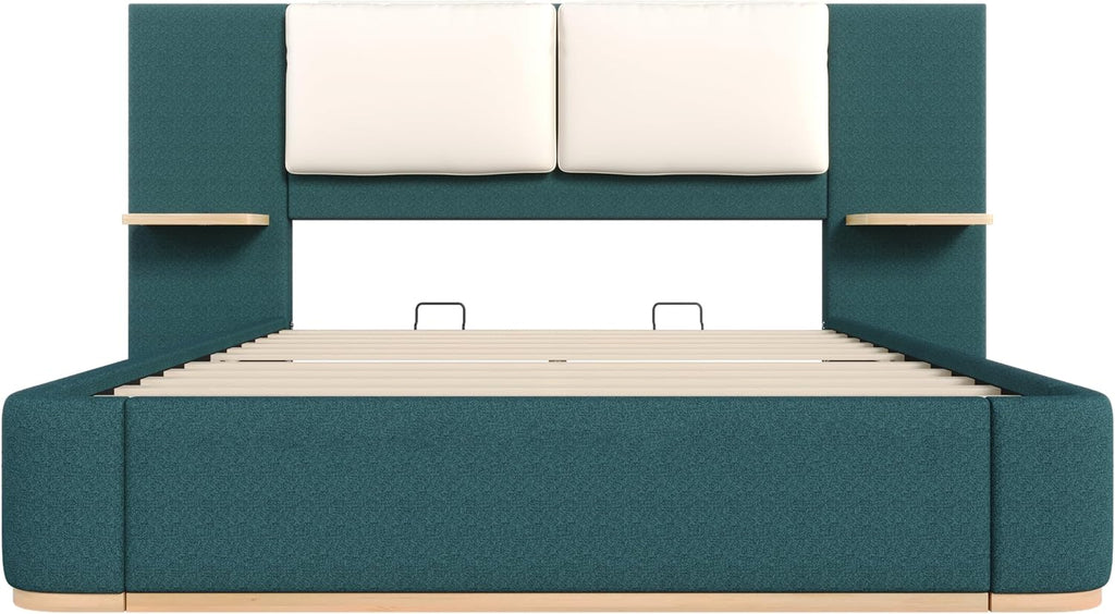 Green Bed Frame with Soft Upholstered Storage Tall Headboard, Queen Size Floor Platform Bed Frames, Anti-Collision Curved Footboard Bedroom Sets,No Box Spring Needed (Green, Queen)
