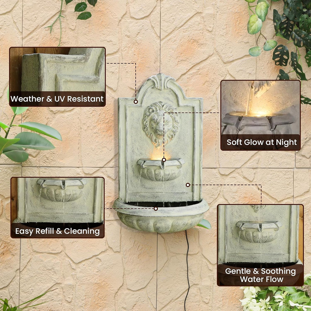 Lion Head Wall Hanging Fountain, 27.5' H Classic Outdoor Wall-Mounted Water Feature, Resin Antique Garden Wall Fountain with LED Light & Water Basin for Patio, Porch, Yard & Courtyard Décor