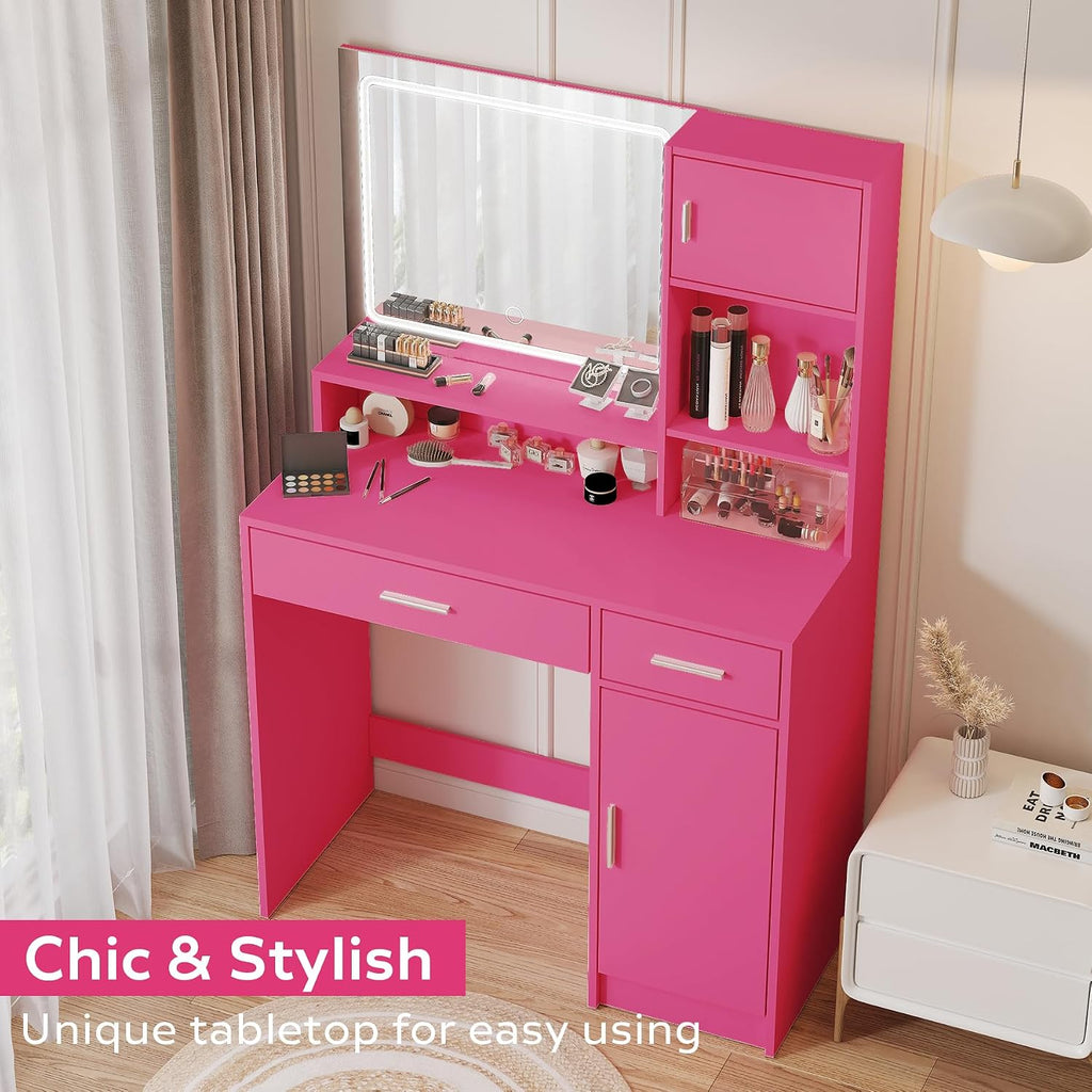 MIRROTOWEL Vanity Desk with Mirror and LED Light Strip,Dressing Table with Large Drawer, 3 Level Storage Dresser & 3 Lighting Modes Adjustable Brightness, Suitable for Bedroom
