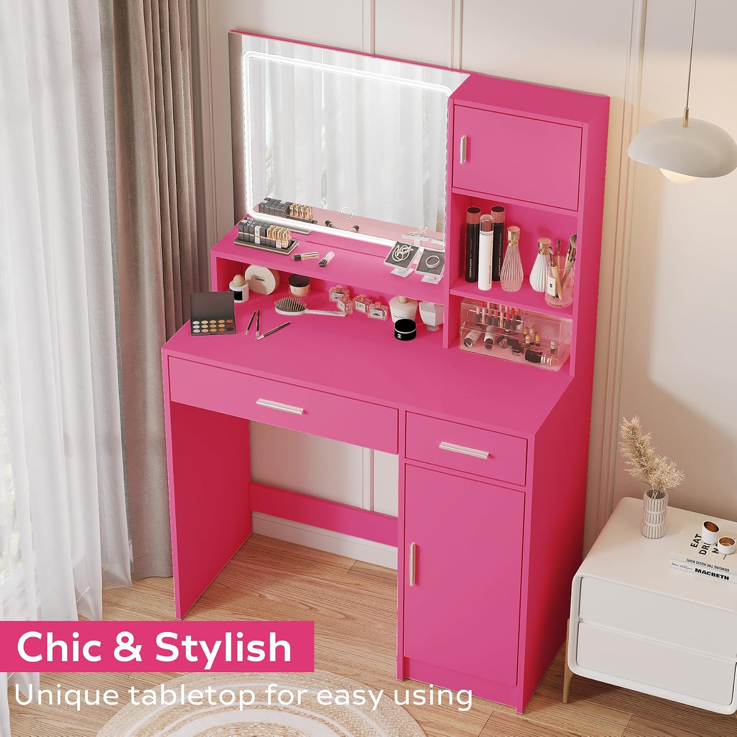 MIRROTOWEL Vanity Desk with Mirror and LED Light Strip,Dressing Table with Large Drawer, 3 Level Storage Dresser & 3 Lighting Modes Adjustable Brightness, Suitable for Bedroom