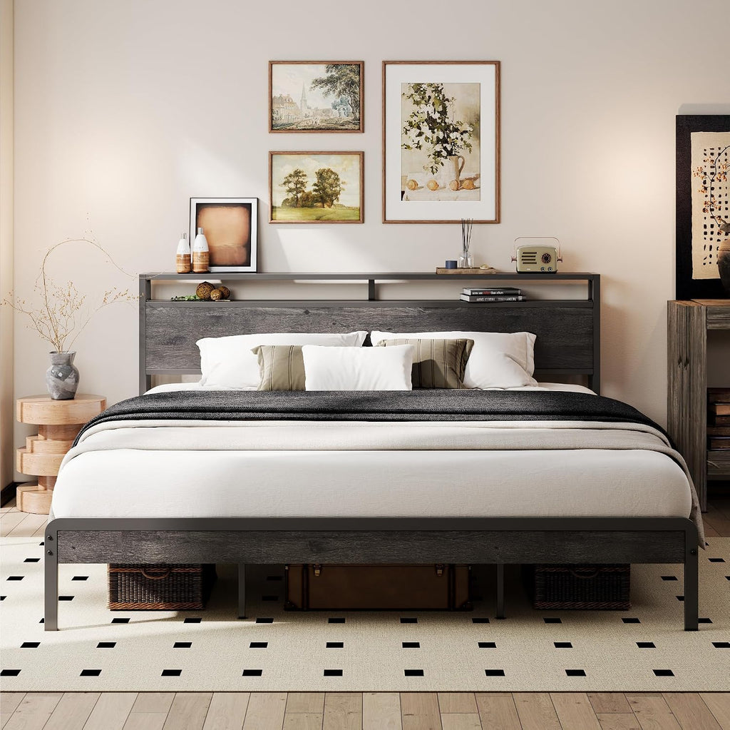 LIKIMIO California King Bed Frame with Headboard, Dark Wood Camas California King with Strong Supports, Sturdy, Noise-Free, No Box Spring Needed, Grey