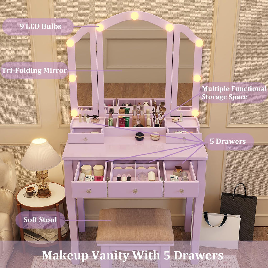 YIXHQ Purple Vanity Makeup Vanity Desk with Lights Vanity for Teen Girls Vanity Set for Teenager Vanity Table with Mirror for Bedroom Vanity Mirror with Lights Girls Desk and Chair