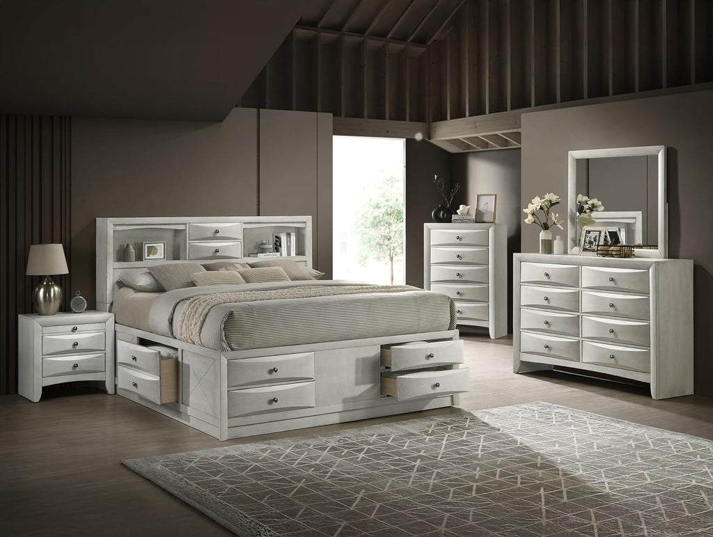 3pc Antique White Finish Bedroom Set Solid Wood Platform King Size Captain's Bed Wooden Furniture