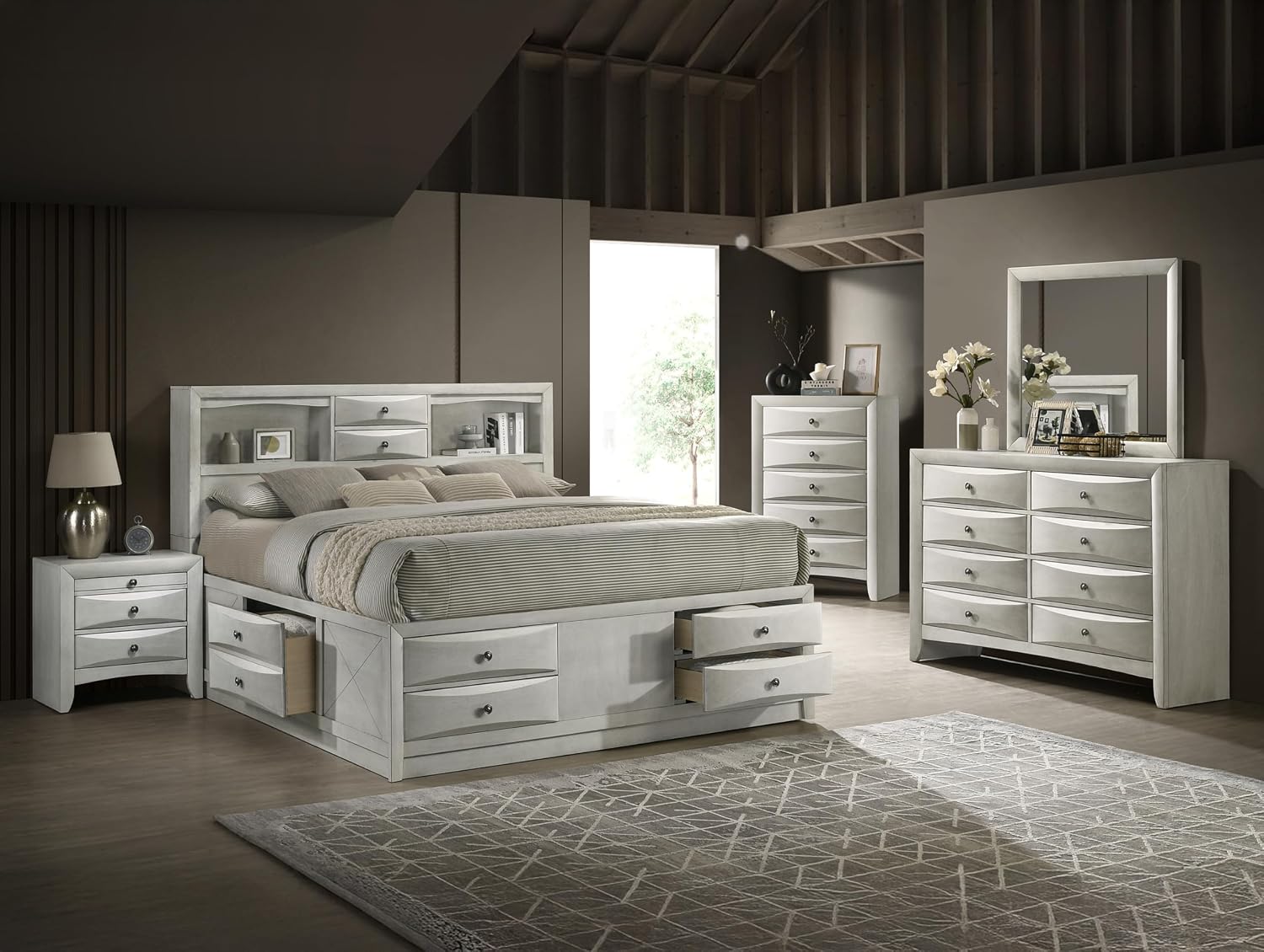 3pc Antique White Finish Bedroom Set Solid Wood Platform King Size Captain's Bed Wooden Furniture