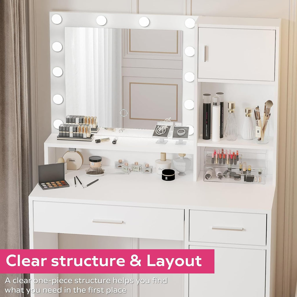 MIRROTOWEL Vanity Desk with Mirror and LED Light Strip,Dressing Table with Large Drawer, 3 Level Storage Dresser & 3 Lighting Modes Adjustable Brightness, Suitable for Bedroom