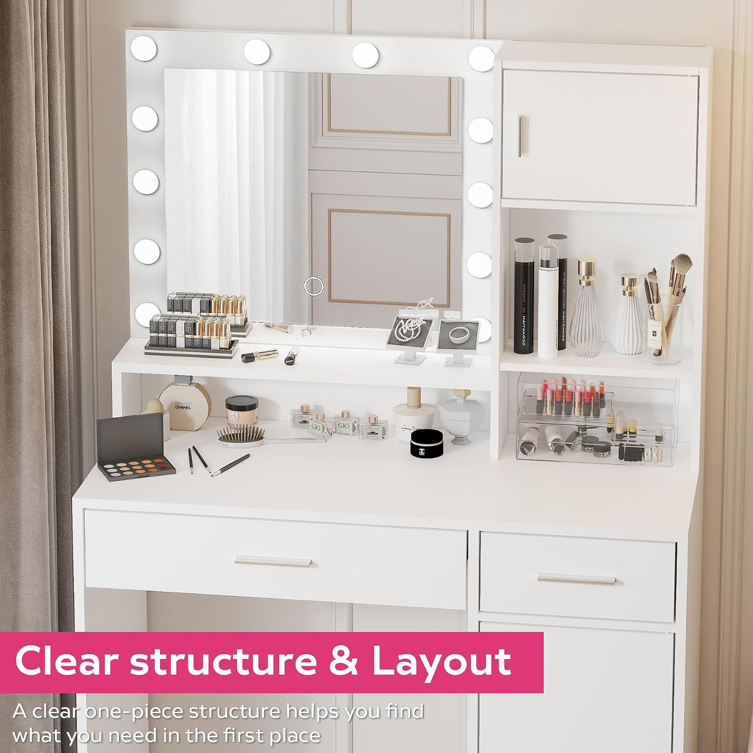 MIRROTOWEL Vanity Desk with Mirror and LED Light Strip,Dressing Table with Large Drawer, 3 Level Storage Dresser & 3 Lighting Modes Adjustable Brightness, Suitable for Bedroom