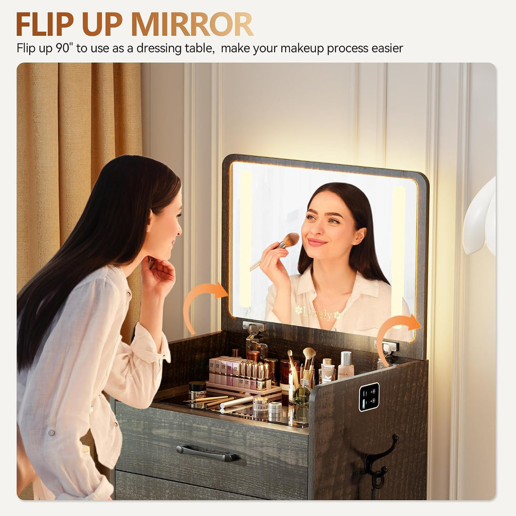 3 in 1 Vanity Desk with Flip up Mirror and Lights, Glass Top Makeup Vanity Table with Charging Station,LED Compact Dressing Table with 3 Drawer and Wheel Storage Stool for Bedroom(Brown)