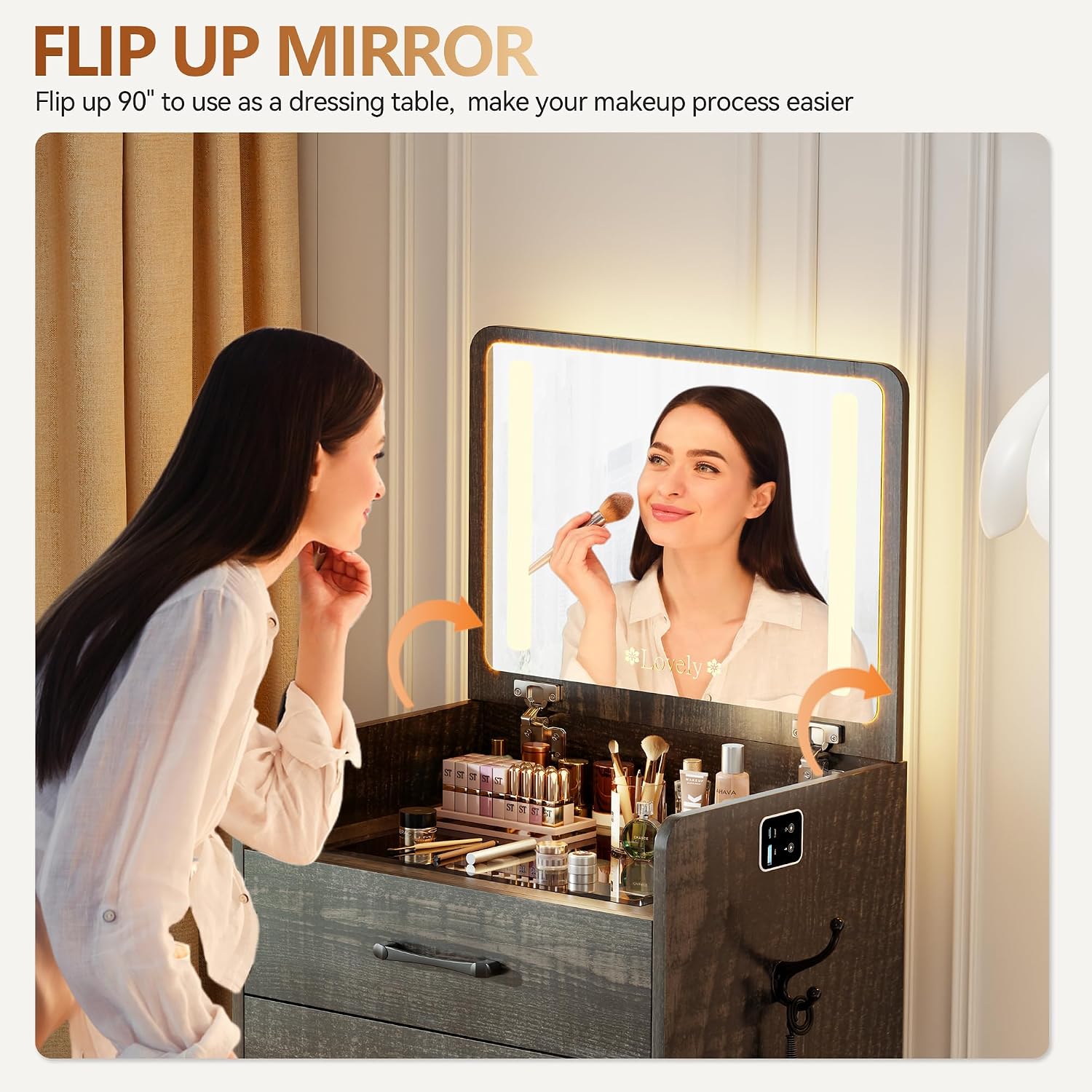 3 in 1 Vanity Desk with Flip up Mirror and Lights, Glass Top Makeup Vanity Table with Charging Station,LED Compact Dressing Table with 3 Drawer and Wheel Storage Stool for Bedroom(Brown)