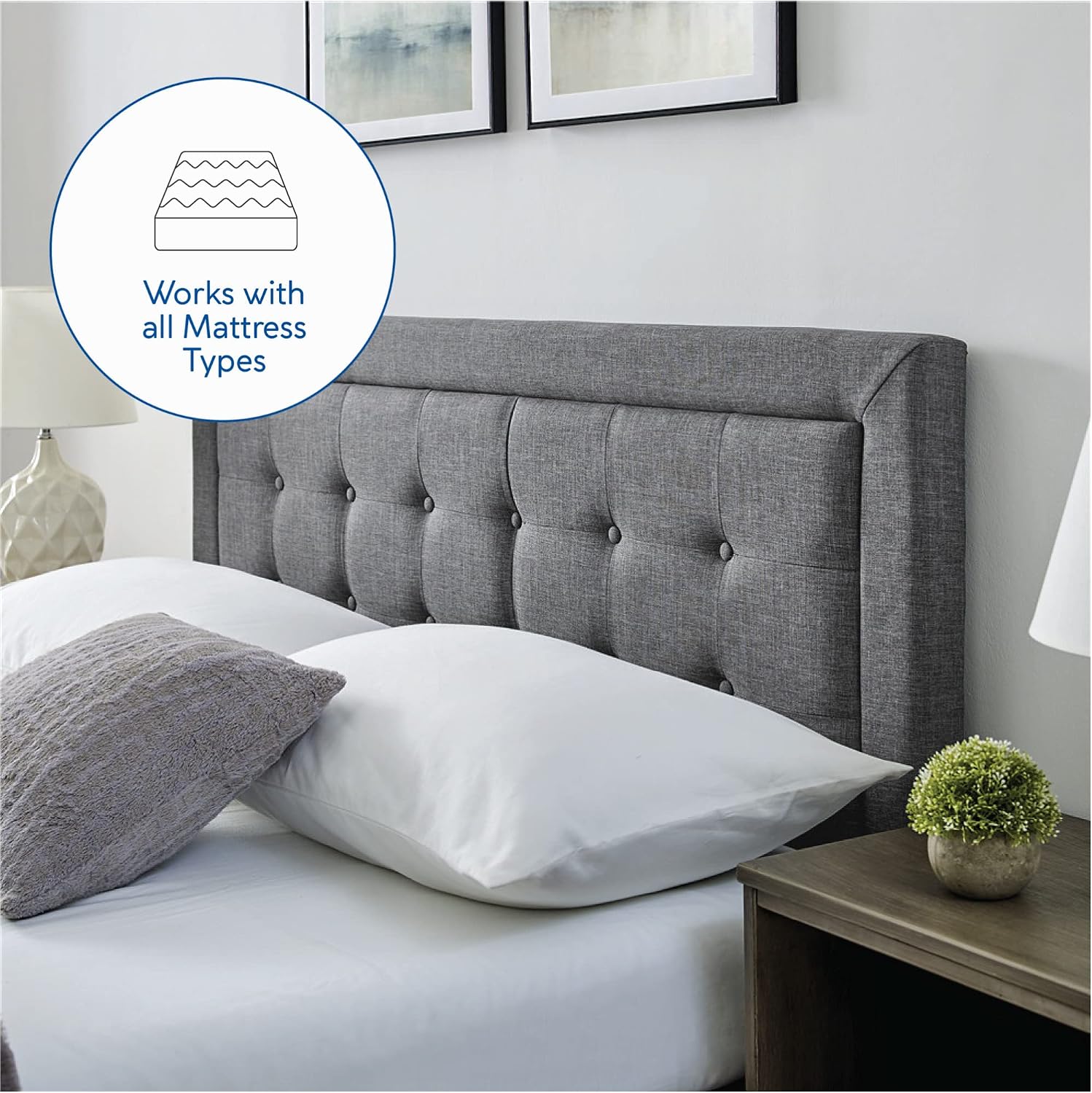 Decoro Mornington 2.0 Upholstered Platform Bed | Headboard and Metal Frame with Wood Slat Support, Grey, Queen Size