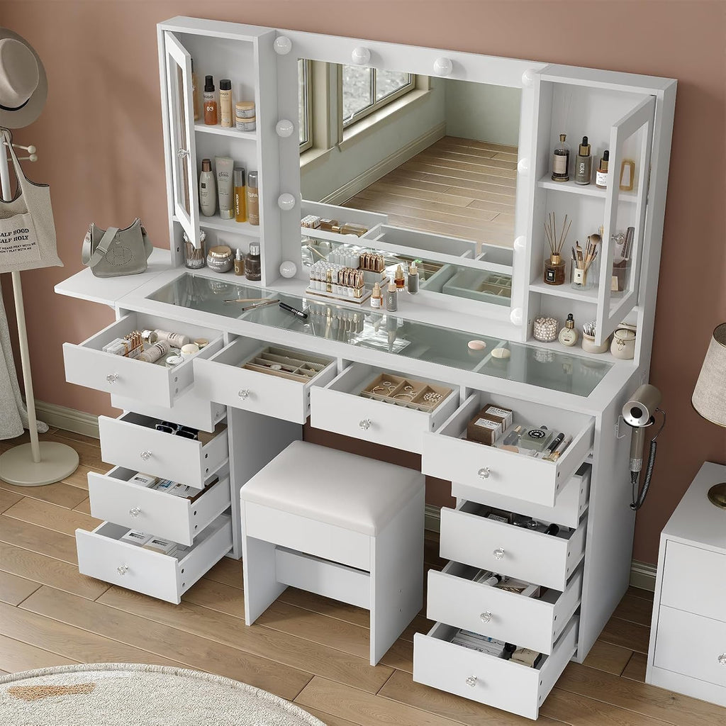 FUSOU 55'' Large Vanity Desk with Mirror and Lights, 12 Drawers Makeup Vanity with Power Olutlet, 2 Cabinets & Fold-up Panel, 3 Lighting Modes, Glass Top Vanity with Chair for Bedroom, White