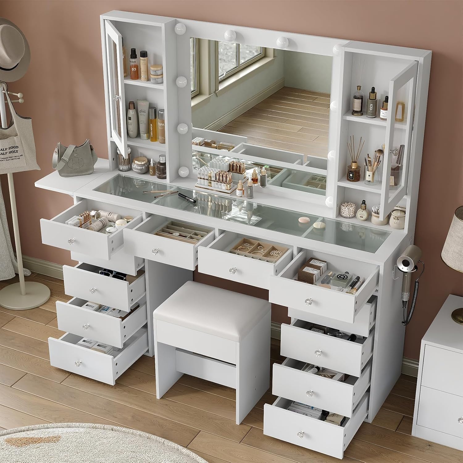 FUSOU 55'' Large Vanity Desk with Mirror and Lights, 12 Drawers Makeup Vanity with Power Olutlet, 2 Cabinets & Fold-up Panel, 3 Lighting Modes, Glass Top Vanity with Chair for Bedroom, White