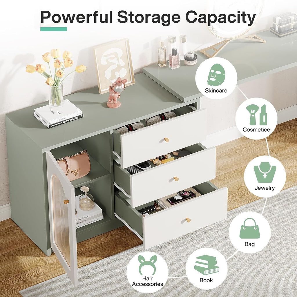 Tribesigns Modern Makeup Vanity, Retractable Large Vanity Desk with 3 Drawers and Cabinet, Makeup Corner Dressing Table for Bedroom, Light Green and White (Without Mirror)