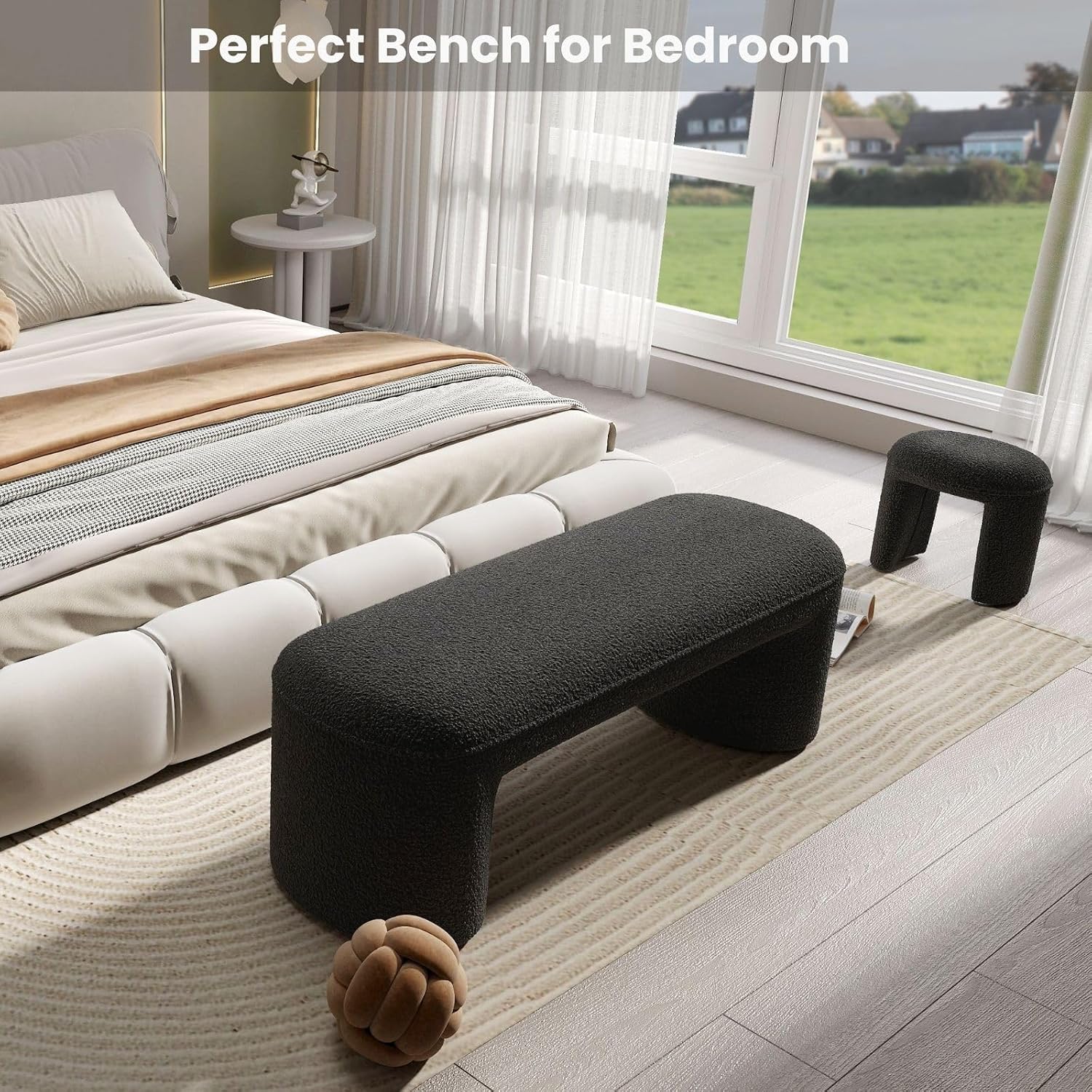 3-Piece Nesting Ottoman Bench Set，53' Long Upholstered End of Bed Bench with 2 15' Foot Stools Sherpa Modern Arched Bench Comfy Entry Bench Vanity Stools for Living Room Bedroom, Black