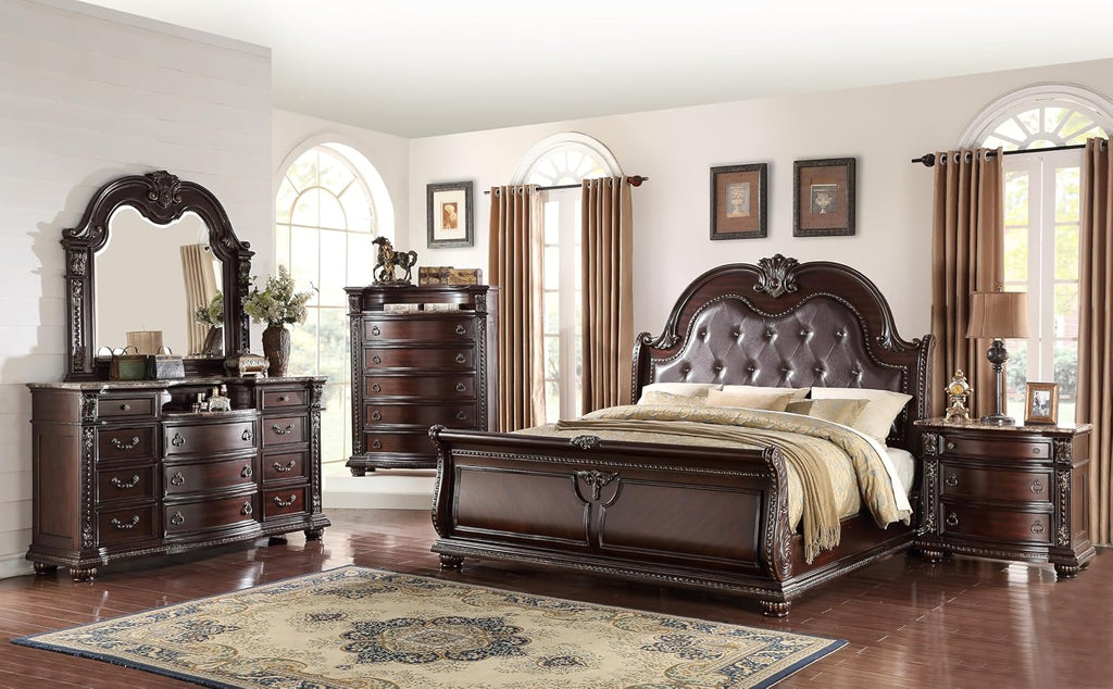 MASARA 3-Piece Cherry Wood Bedroom Set-King Bed with Faux Leather upholstered headboard + 2 Nightstands