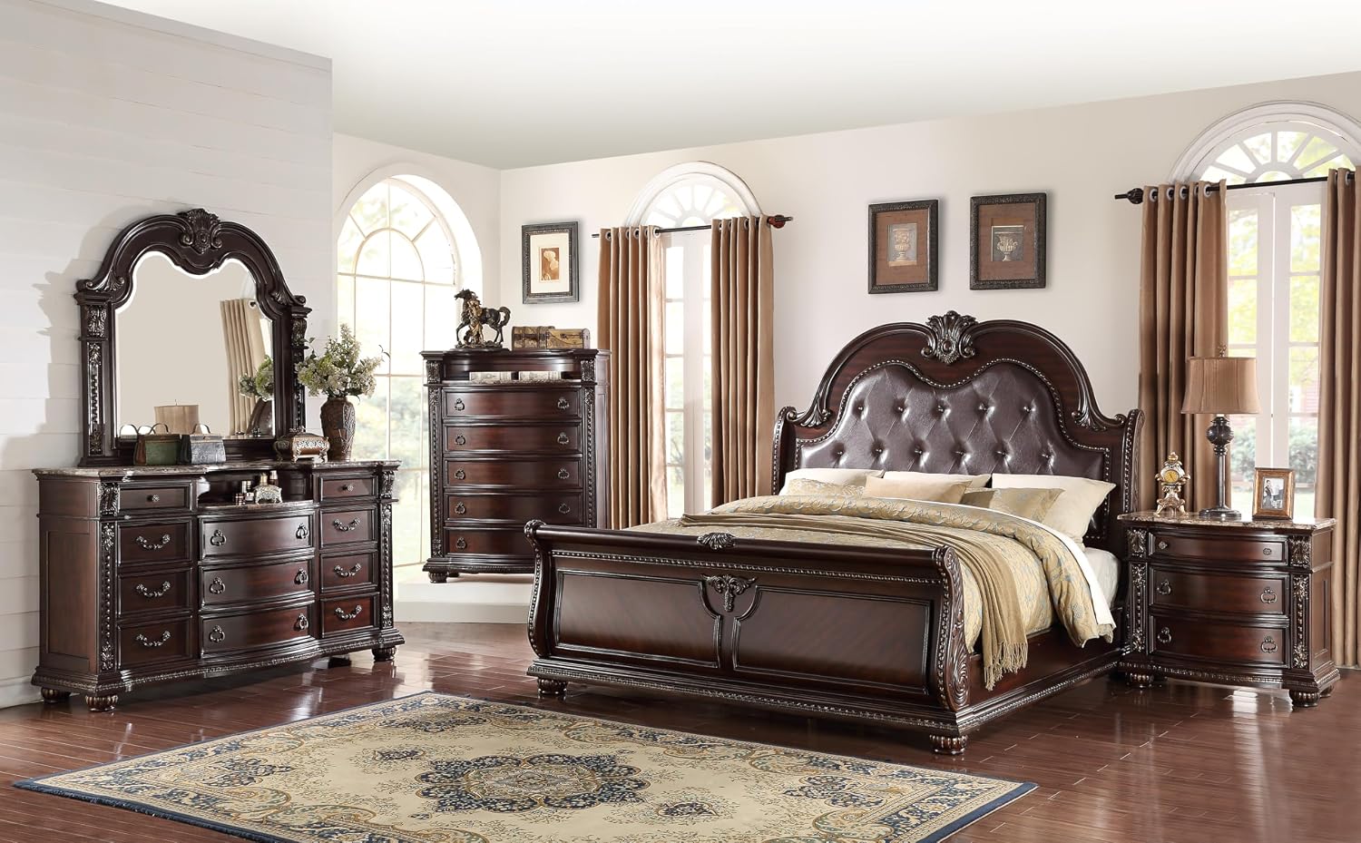 MASARA 3-Piece Cherry Wood Bedroom Set-King Bed with Faux Leather upholstered headboard + 2 Nightstands