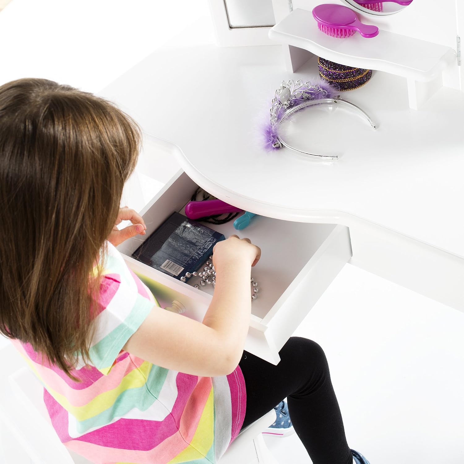 Guidecraft Classic White Vanity and Stool Set: Kids' Wooden Table with 3 Mirrors, Storage Seat and Make-Up Drawer - Children's Furniture