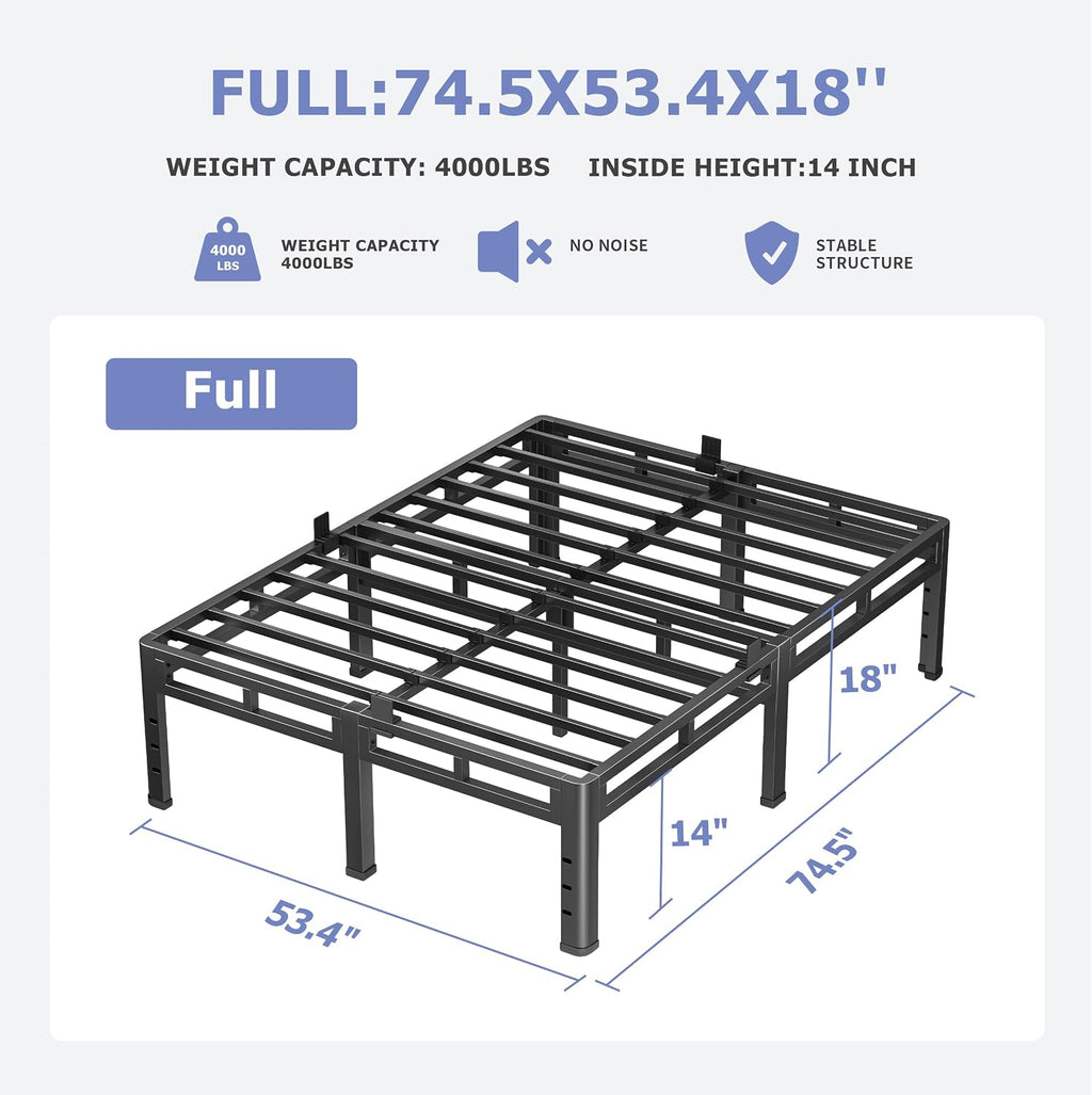NKZ 18 Inch Full Size Bed Frame, Metal Bed Frame & Box Spring 2 in 1 Platform with Round Corner Legs, 4000Lbs Heavy Duty Metal Frame, Mattress Slide Stopper, Headboard Hole, Noise-Free, Easy Assembly