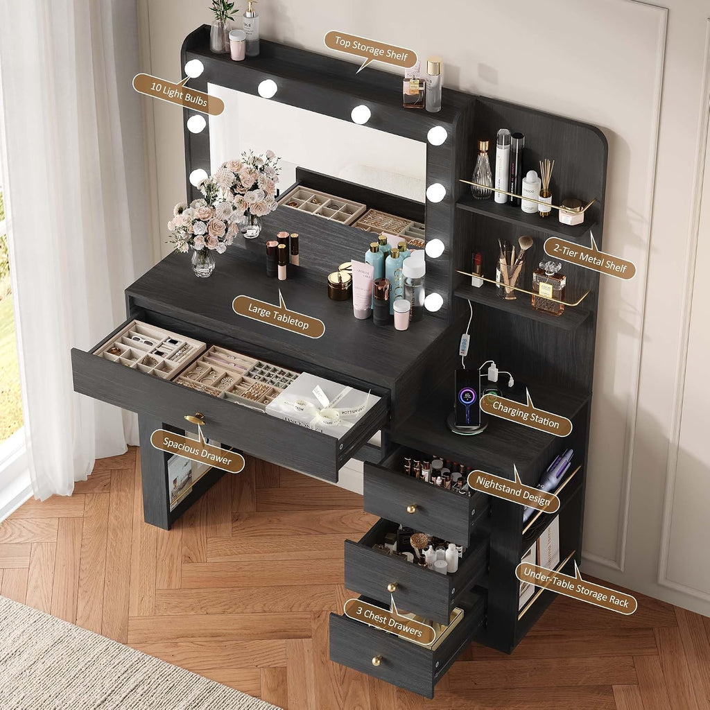 Makeup Vanity Desk with Mirror and 3 Colors Lights, Vanity Table with 10 LED Bulbs & Power Outlet, Large Dressing Table with 4 Drawers, 6 Storage Shelves for Bedroom, Women and Girls, Black
