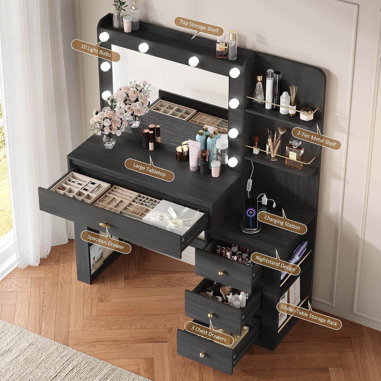 Makeup Vanity Desk with Mirror and 3 Colors Lights, Vanity Table with 10 LED Bulbs & Power Outlet, Large Dressing Table with 4 Drawers, 6 Storage Shelves for Bedroom, Women and Girls, Black