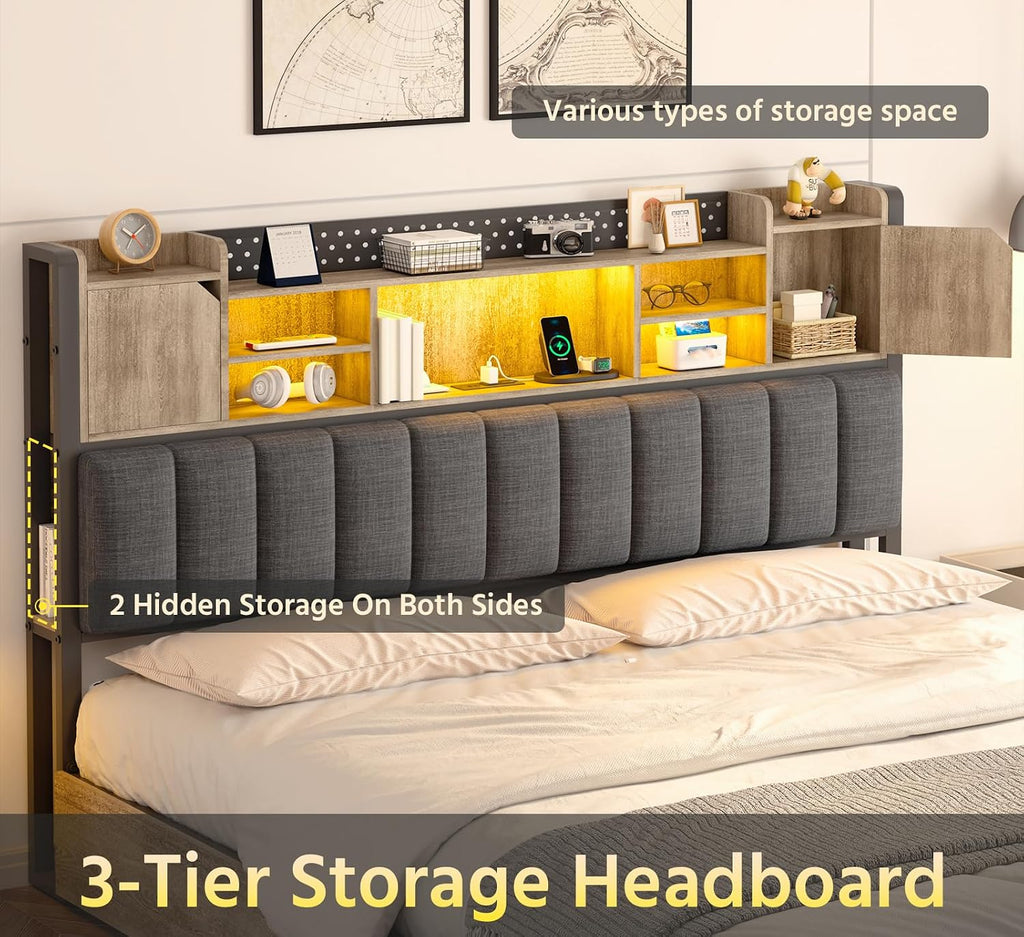 CSZZD Queen Bed Frame with 4 Storage Drawers and Bookcase Headboard, Upholstered Bed Queen Size with USB Charging Station & LED Lights, Metal Platform Bed with Storage, No Box Spring Needed, Oak Gray
