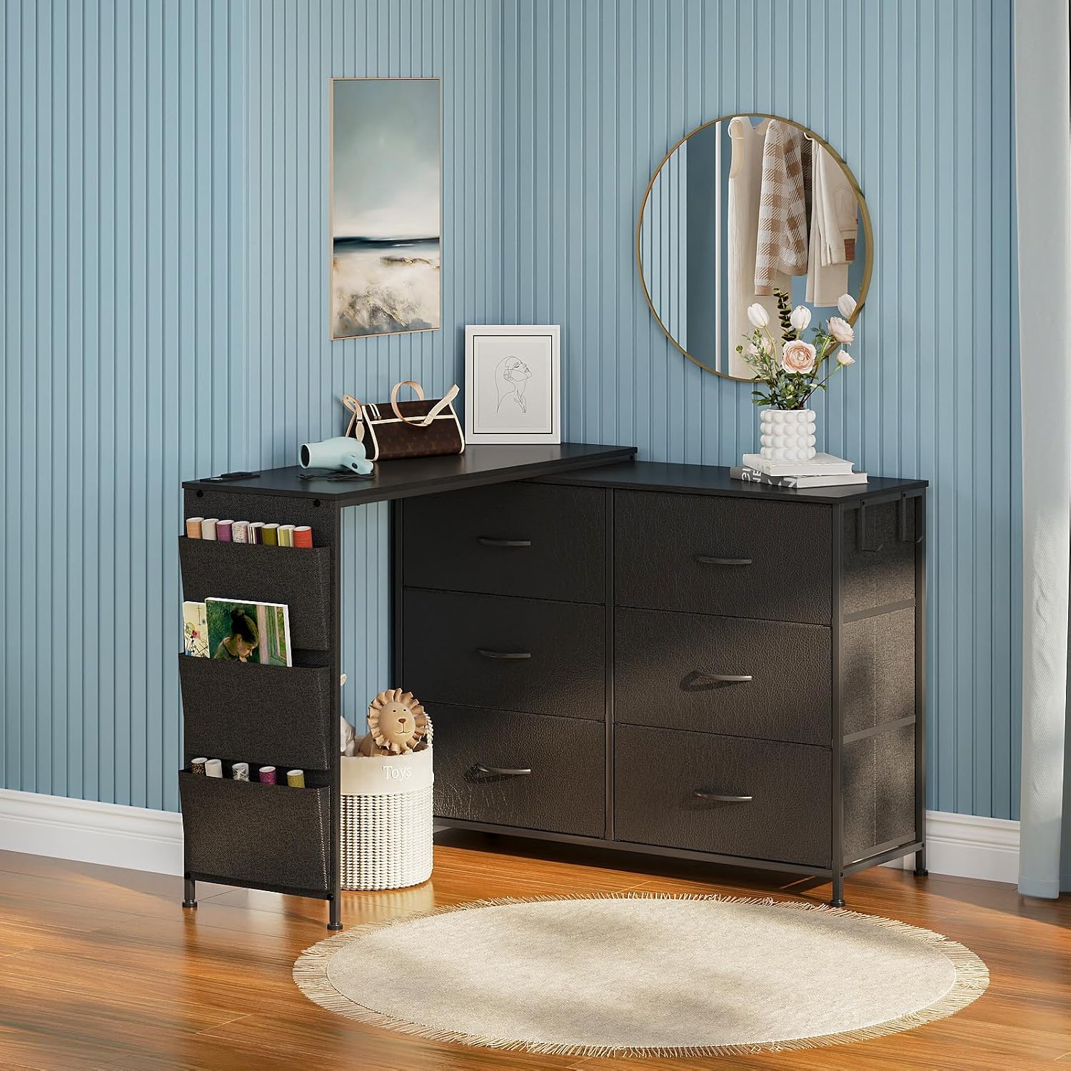Simoretus Modern Corner Vanity Desk with 6 Fabric Drawers Power Outlet Side Pocket L Shaped Drawers Makeup Desk Dressing Table for Girls Women Bedroom (Black)