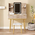 Vanity Desk with LED Mirror Lights, 4 Drawers & Jewelry Storage, Makeup Vanity Set with Metal Legs and PU Stool, Dressing Table for Bedroom Girls, Yellow Brown