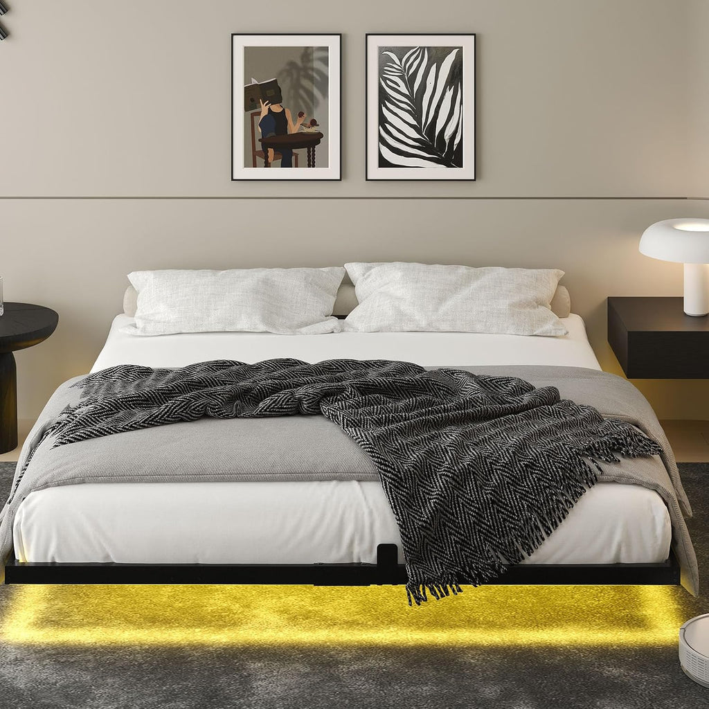 HOMBCK Floating Bed Frame King with LED Lights, Industrial Style Metal Bed Frame, No Box Spring Needed, Easy to Assemble, Noise Free