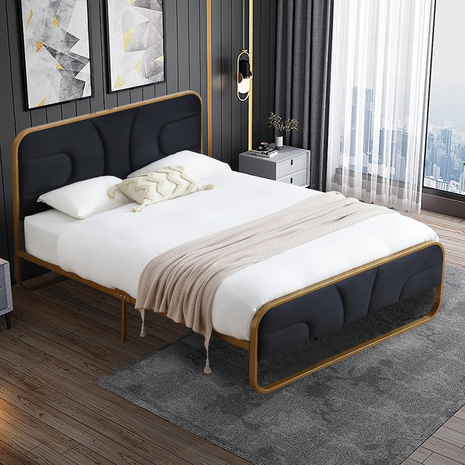 VELOCAVA Rounded Metal Upholstered Bed Queen with Unique Headboard, Soft Velvet Platform Bed Storage Supported by Metal Base and Wooden Slats, No Box Spring Needed,Gold & Black