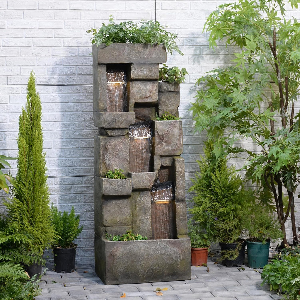 Bumilgar Garden Water Fountains Outdoor Floor Standing, 3 Tier Rock Waterfall Fountain with LED Lights and Pump for Garden, Patio, Backyard, Deck, Porch and Home Art Deco, 56.3' Very Tall