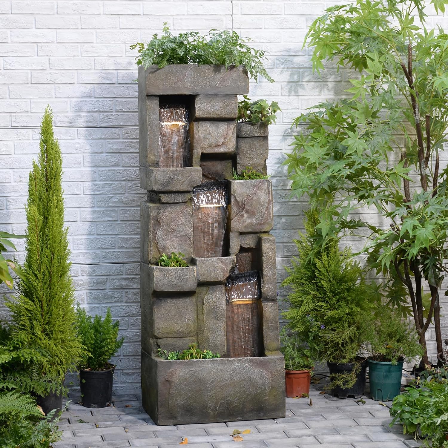 Bumilgar Garden Water Fountains Outdoor Floor Standing, 3 Tier Rock Waterfall Fountain with LED Lights and Pump for Garden, Patio, Backyard, Deck, Porch and Home Art Deco, 56.3' Very Tall