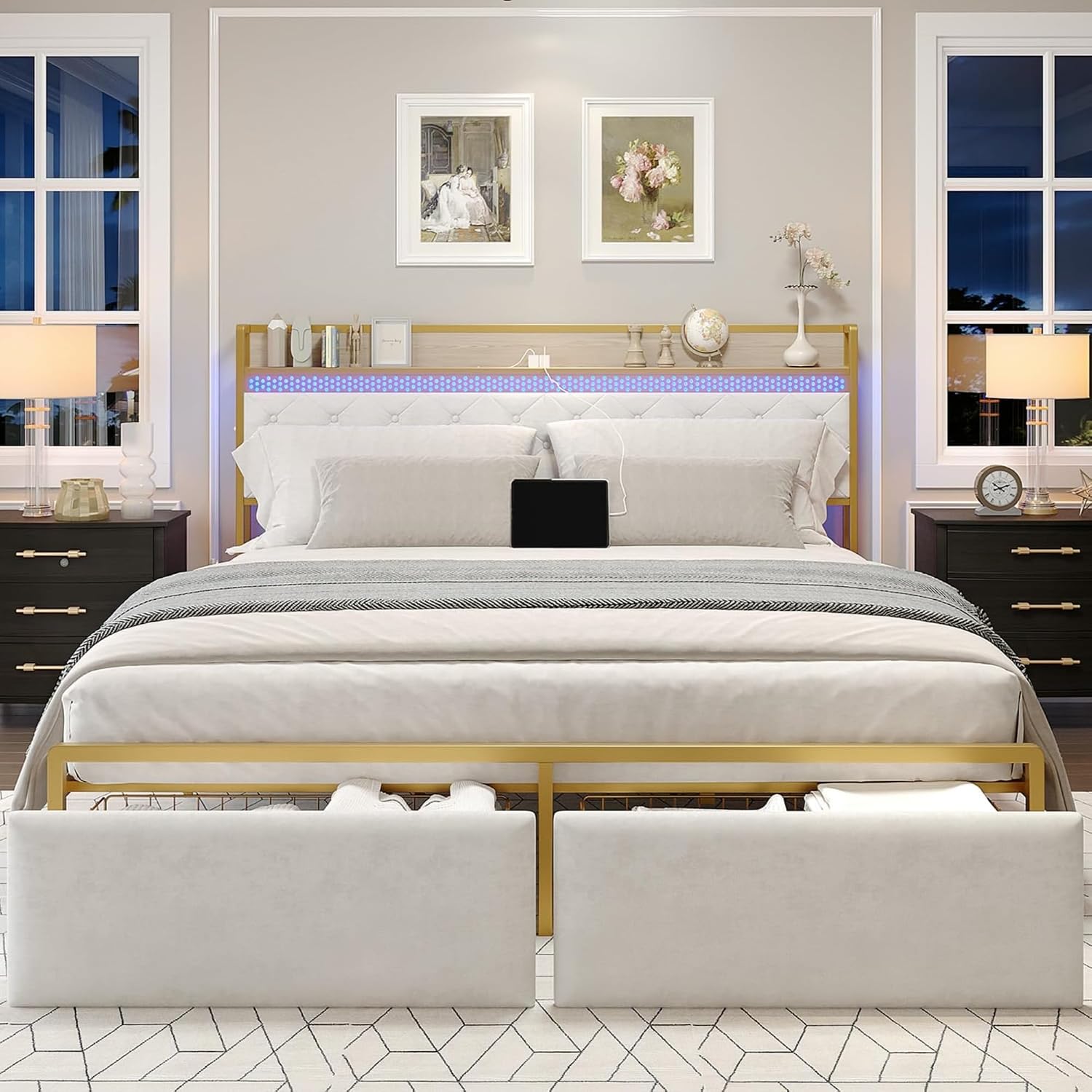 King Bed Frame with Headboard,Upholstered Bed Frame King Size with 2 Drawers,Metal Platform Bed Frame with Charging Station & LED Lights,Noise-Free/Metal Slats Support/No Box Spring Needed