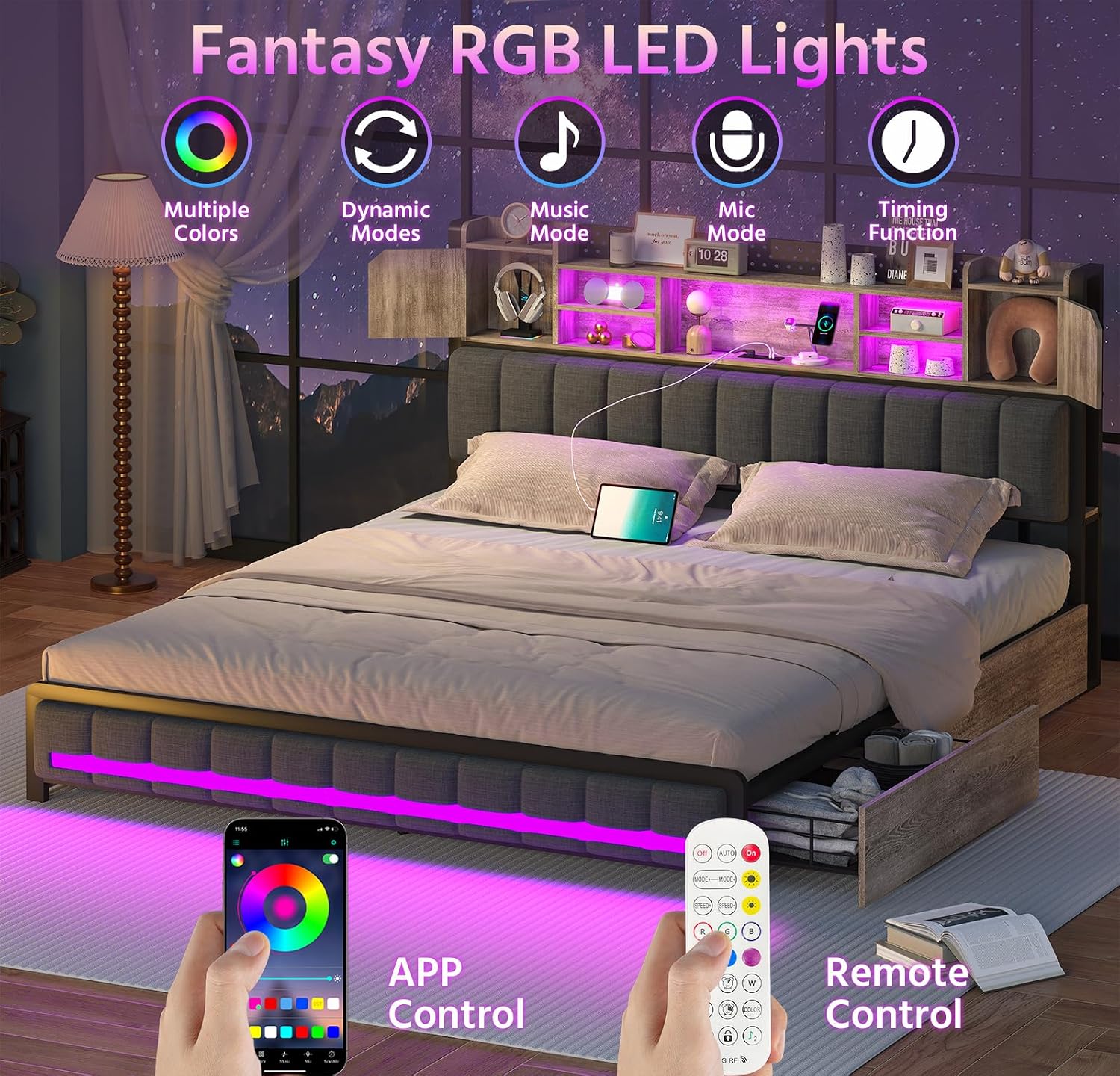 CSZZD Queen Bed Frame with 4 Storage Drawers and Bookcase Headboard, Upholstered Bed Queen Size with USB Charging Station & LED Lights, Metal Platform Bed with Storage, No Box Spring Needed, Oak Gray