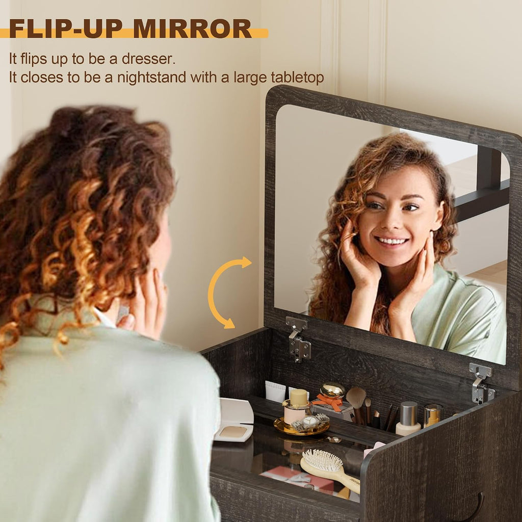 3 in 1 Make Vanity Desk with Flip Top Mirror,Glass Top Makeup Vanity Table with Cushioned Stool,Small Dressing Table with 3 Drawers,Compact Vanity Set for Apartment,Dormitory(Brown)