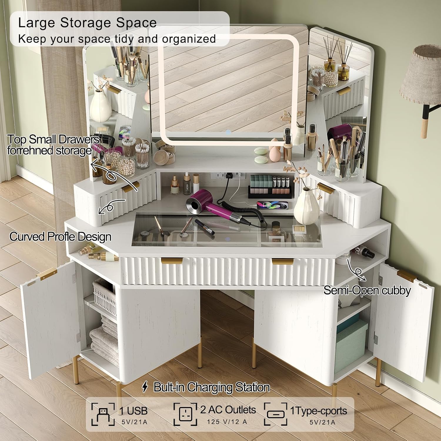 Modern 48'' Fluted Makeup Vanity Desk with HD Triple Mirror & LED Lights – Spacious Corner Dressing Table with Glass Top, 3 Drawers & 2 Cabinets for Stylish Bedroom Decor (White)
