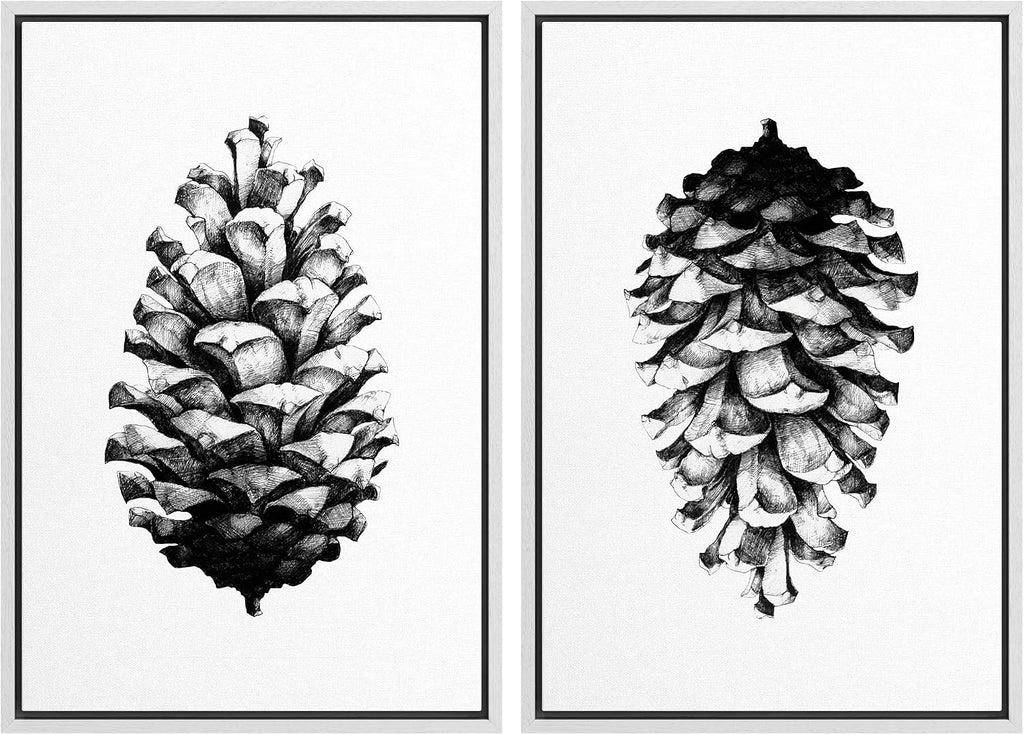 SIGNWIN Framed Canvas Print Wall Art Set Black & White Forest Woodland Pinecone Nature Wilderness Illustrations Modern Art Rustic Relax/Calm for Living Room, Bedroom, Office - 24'x36'x2 White