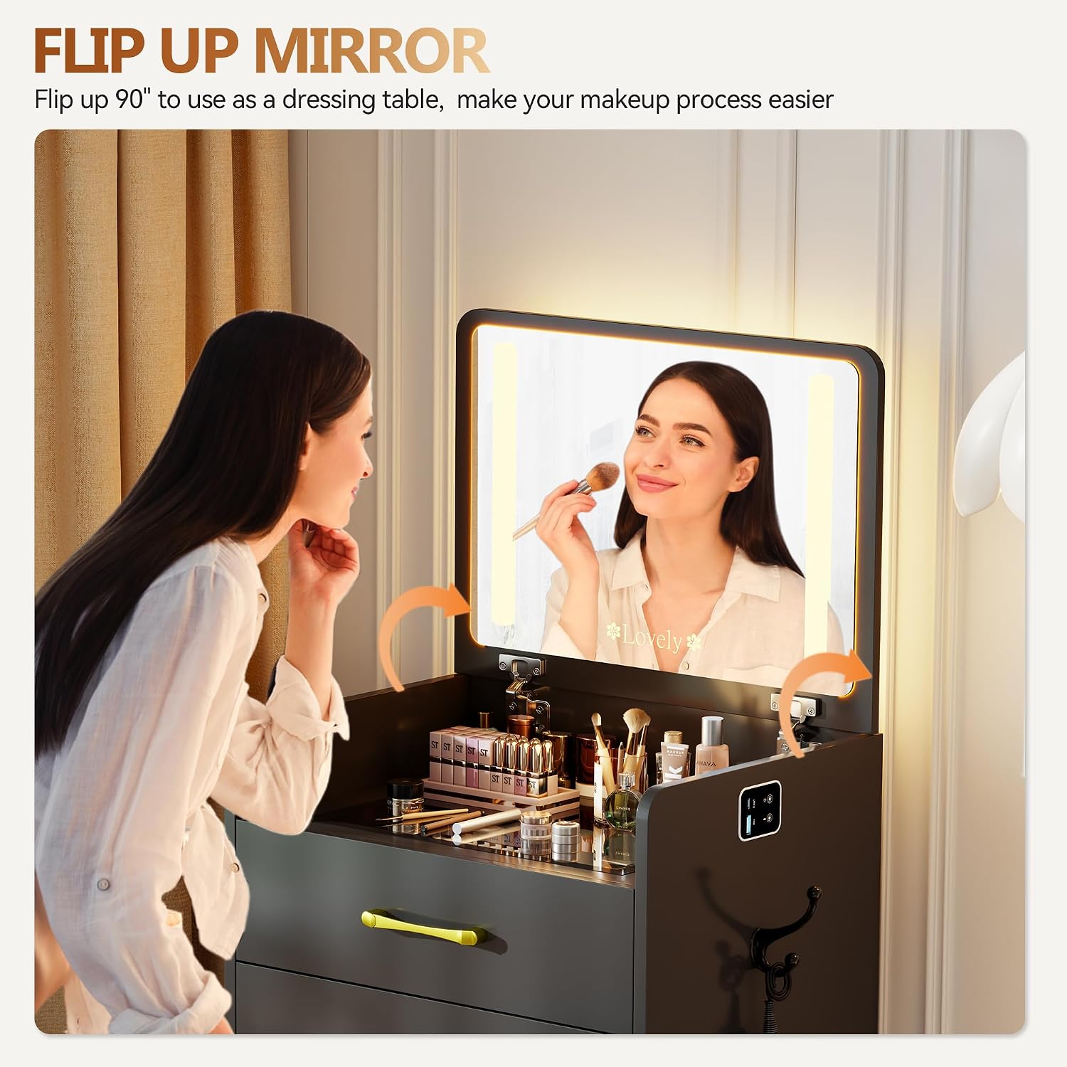 3 in 1 Vanity Desk with Flip up Mirror and Lights, Glass Top Makeup Vanity Table with Charging Station,LED Compact Dressing Table with 3 Drawer and Wheel Storage Stool for Bedroom(Black)