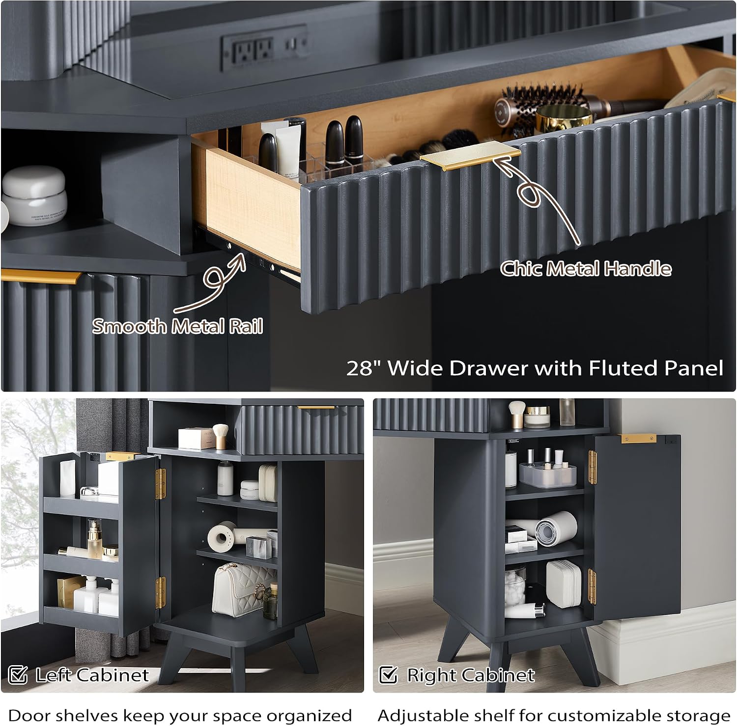 T4TREAM Fluted Makeup Vanity Desk with 3 Way Mirror and Lights, 48' Large Corner Vanity Table with Glass Top, Charging Station, 3 Drawers, Storage Cabinets & Shelves, for Bedroom, Dark Grey