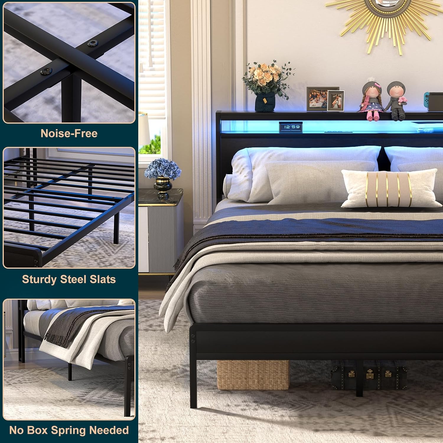 Homieasy Full Size Bed Frame with Headboard, Industrial Metal Full Bed Frame with Charging Station & LED Lights, Noise-Free Platform Bed, No Box Spring Needed, Black
